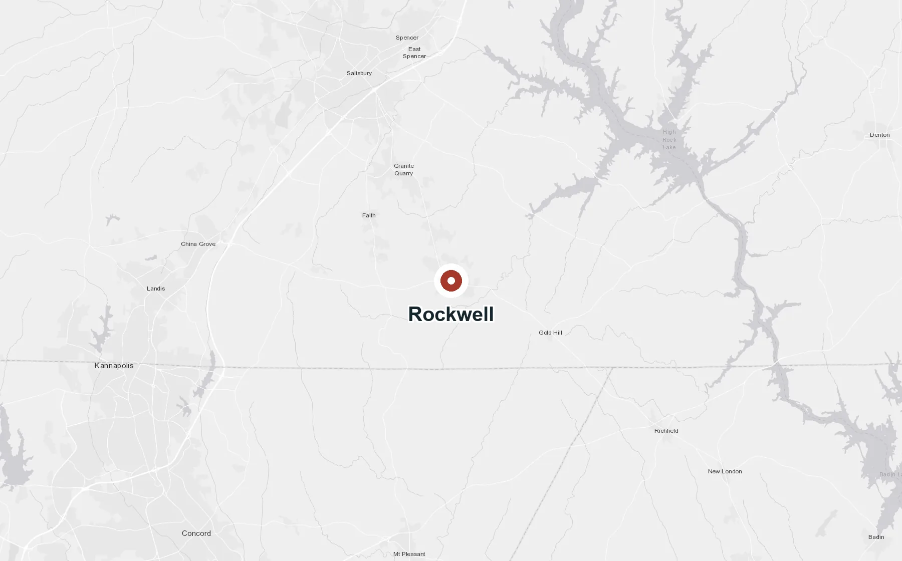 Map of the Rowan County service area centered on Whitewater Restoration in downtown Rockwell at 110 E Main St