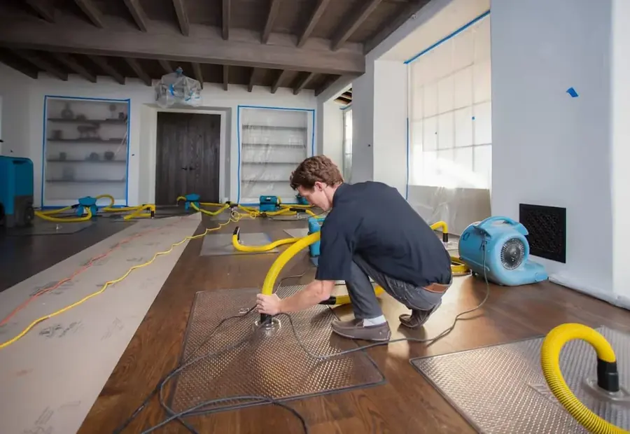 Water damage restoration technician running air movers to dry a Rockwell, NC home