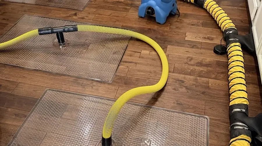 A blue air mover and drying hoses pulling moisture from a hardwood floor in a Rockwell home
